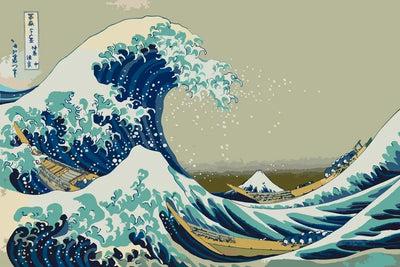 Paint by numbers of Hokusai's Great Wave curling over boats with snowy Mount Fuji behind.
