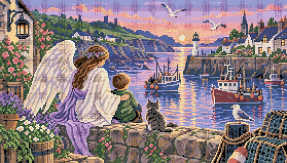 Förhandsbild: ängel och barn på en stenmur vid en hamn med fyr och fiskebåtar i kvällsljus