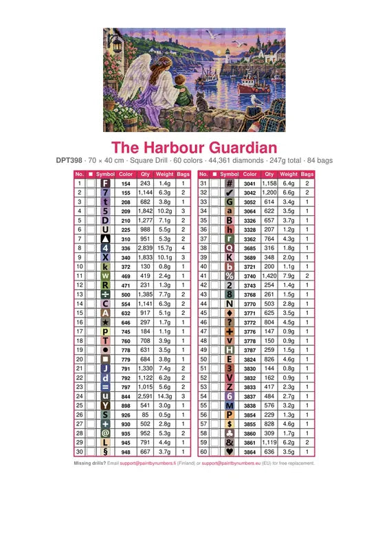 DMC color chart for The Harbour Guardian diamond painting - 60 colors