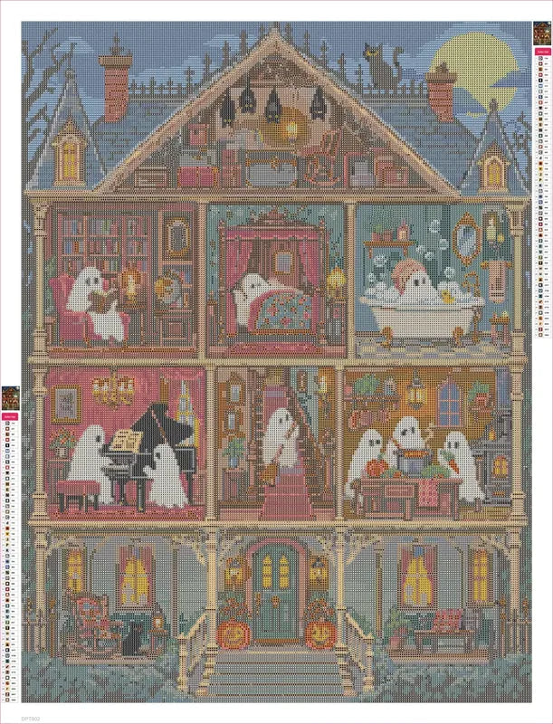 Diamond painting adhesive canvas preview - The Haunted Dollhouse Cross-Section