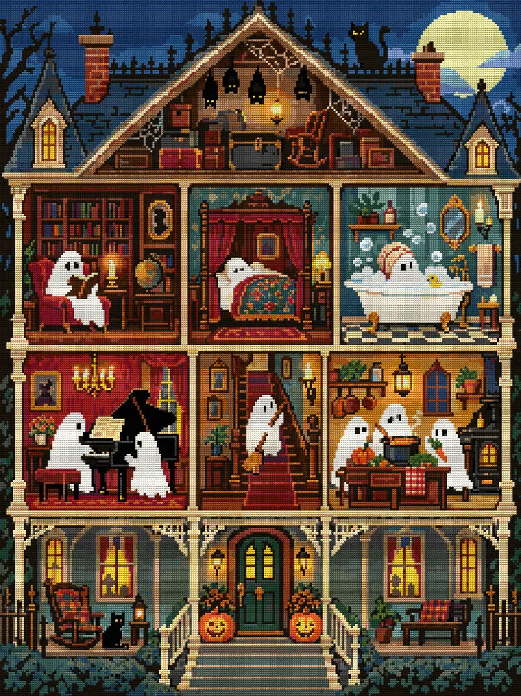 cutaway haunted dollhouse with friendly ghosts in every room, 60x80 cm diamond painting – full design preview