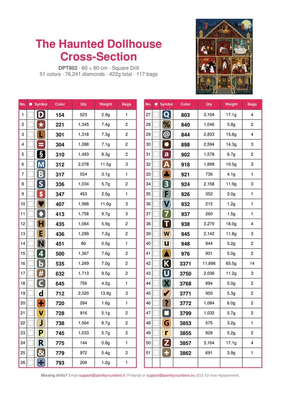 DMC color chart for The Haunted Dollhouse Cross-Section diamond painting - 51 colors