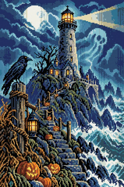 Diamond painting-motiv med en fyr över ett stormigt hav med pumpalyktor längs stentrappor