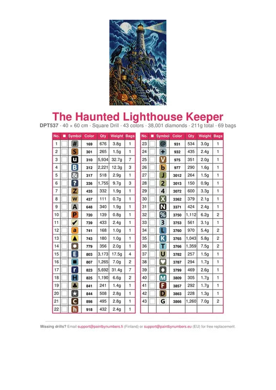 DMC color chart for The Haunted Lighthouse Keeper diamond painting - 43 colors