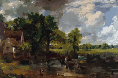 Paint by numbers of Constable's The Hay Wain, a hay cart crossing a river beside a cottage under clouds.