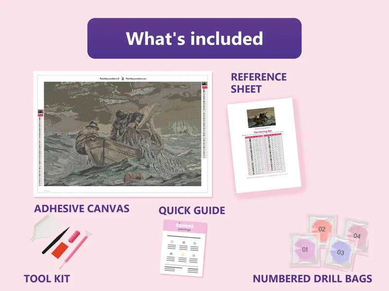 What is included in the The Herring Net diamond painting kit - adhesive canvas, reference sheet, tools and numbered drill bags