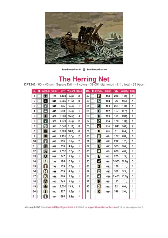 DMC color chart for The Herring Net diamond painting - 41 colors