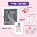 Thumbnail for What is included in the The Ivory Peacock Pavilion diamond painting kit - adhesive canvas, reference sheet, tools and numbered drill bags