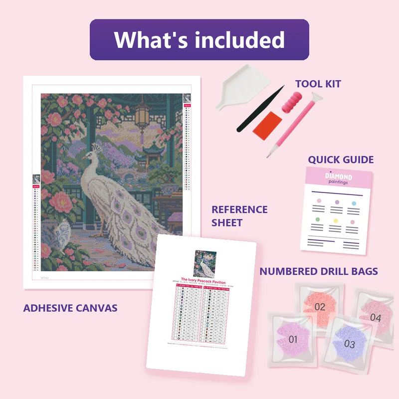 What is included in the The Ivory Peacock Pavilion diamond painting kit - adhesive canvas, reference sheet, tools and numbered drill bags