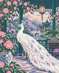 Miniatyrbild: Förhandsbild av diamantmönstret: vit påfågel i en paviljong omgiven av rosa blommor och gröna blad
