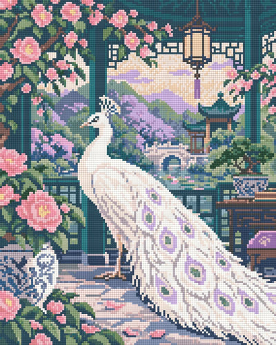 Förhandsbild av diamantmönstret: vit påfågel i en paviljong omgiven av rosa blommor och gröna blad