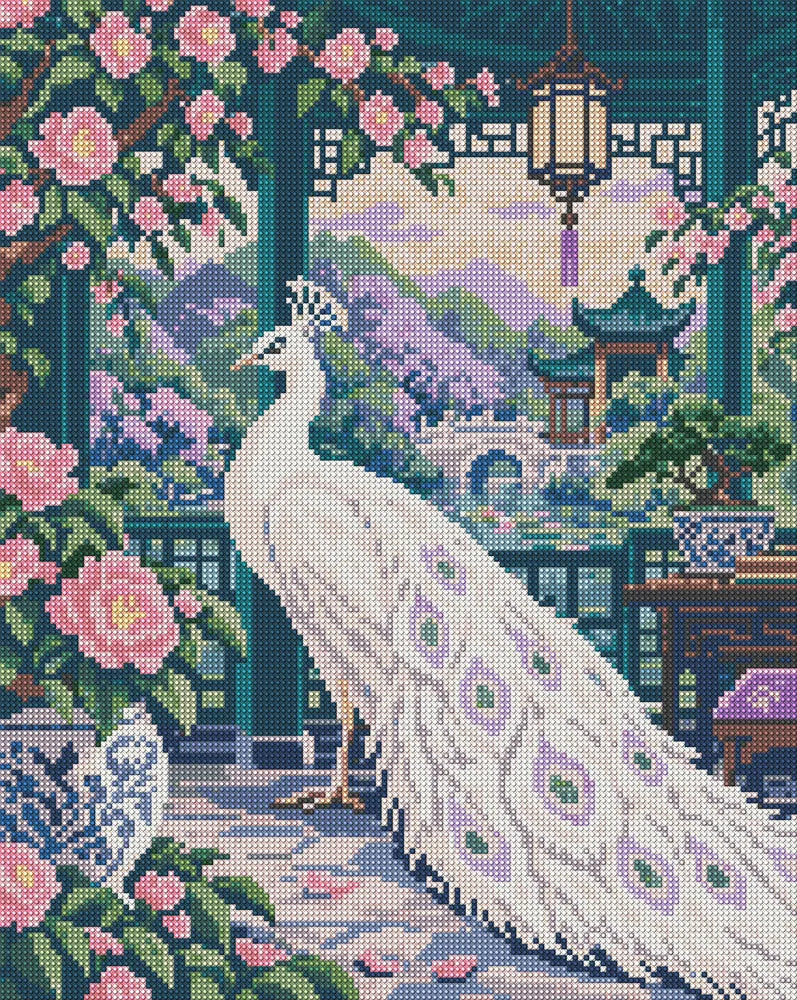 The Ivory Peacock Pavilion, 40x50 cm diamond painting – full design preview without the close-up inset