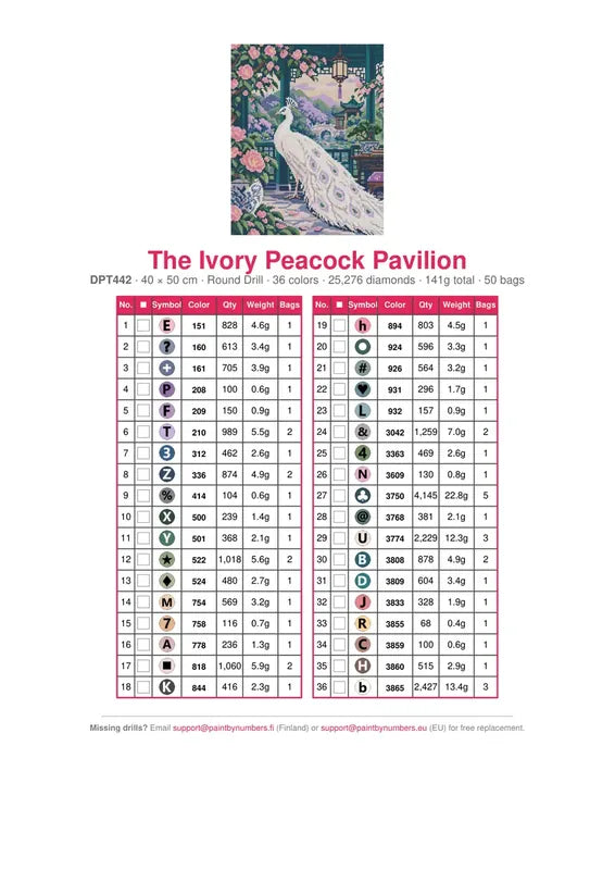 DMC color chart for The Ivory Peacock Pavilion diamond painting - 36 colors