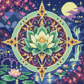 Miniatyrbild: Förhandsvisning: en grön lotus i en mandala med fullmåne, vattenfall och näckrosor