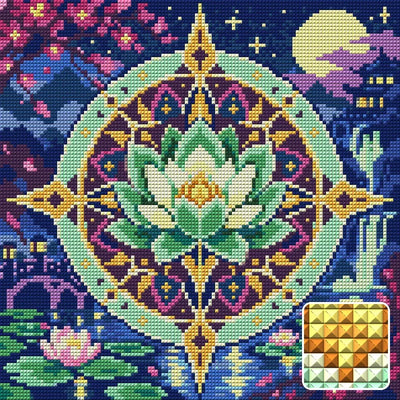 The Jade Lotus Compass, 30x30 cm diamond painting – finished design preview with a close-up of square drills