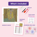 Thumbnail for What is included in the The Kiss by Klimt diamond painting kit - adhesive canvas, reference sheet, tools and numbered drill bags