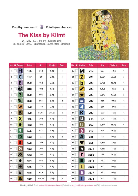 DMC color chart for The Kiss by Klimt diamond painting - 38 colors