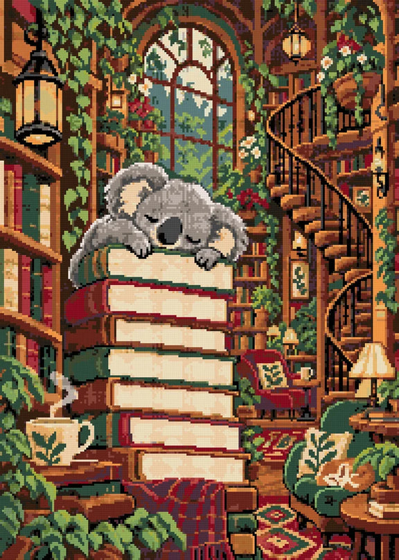 Grå koala som sover på bokstaplar i ett bibliotek med spiraltrappa och hängande växter