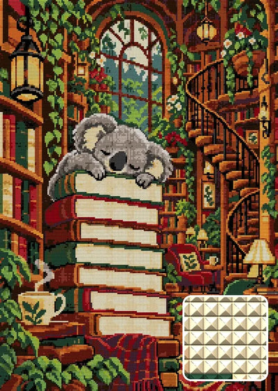 The Koala Bookshop Nap, 50x70 cm diamond painting – finished design preview with a close-up of square drills