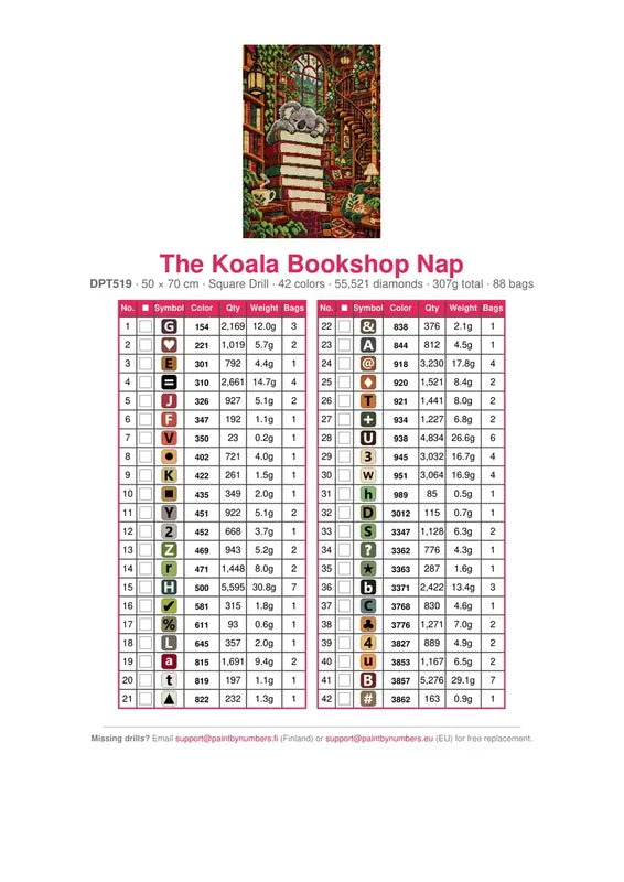 DMC color chart for The Koala Bookshop Nap diamond painting - 42 colors