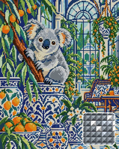 The Koala Ceramic Conservatory, 40x50 cm diamond painting – finished design preview with a close-up of square drills