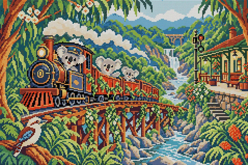 The Koalas Rainforest Railway, 60x40 cm diamond painting – full design preview without the close-up inset