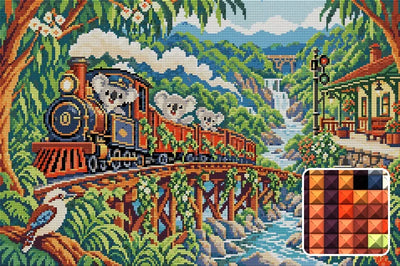The Koalas Rainforest Railway, 60x40 cm diamond painting – finished design preview with a close-up of square drills