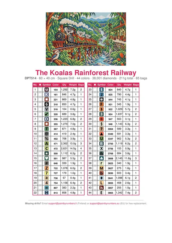 DMC color chart for The Koalas Rainforest Railway diamond painting - 44 colors