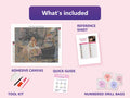 Thumbnail for What is included in the The Lady of Shalott by Waterhouse diamond painting kit - adhesive canvas, reference sheet, tools and numbered drill bags