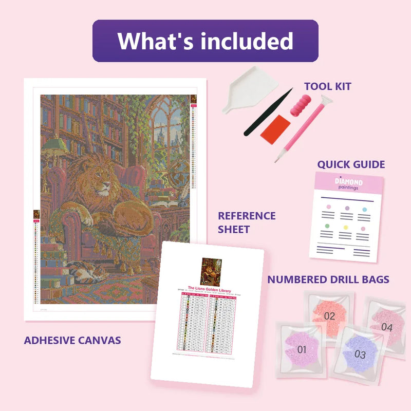 What is included in the The Lions Golden Library diamond painting kit - adhesive canvas, reference sheet, tools and numbered drill bags