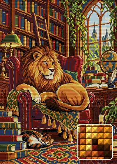The Lions Golden Library, 50x70 cm diamond painting – finished design preview with a close-up of square drills