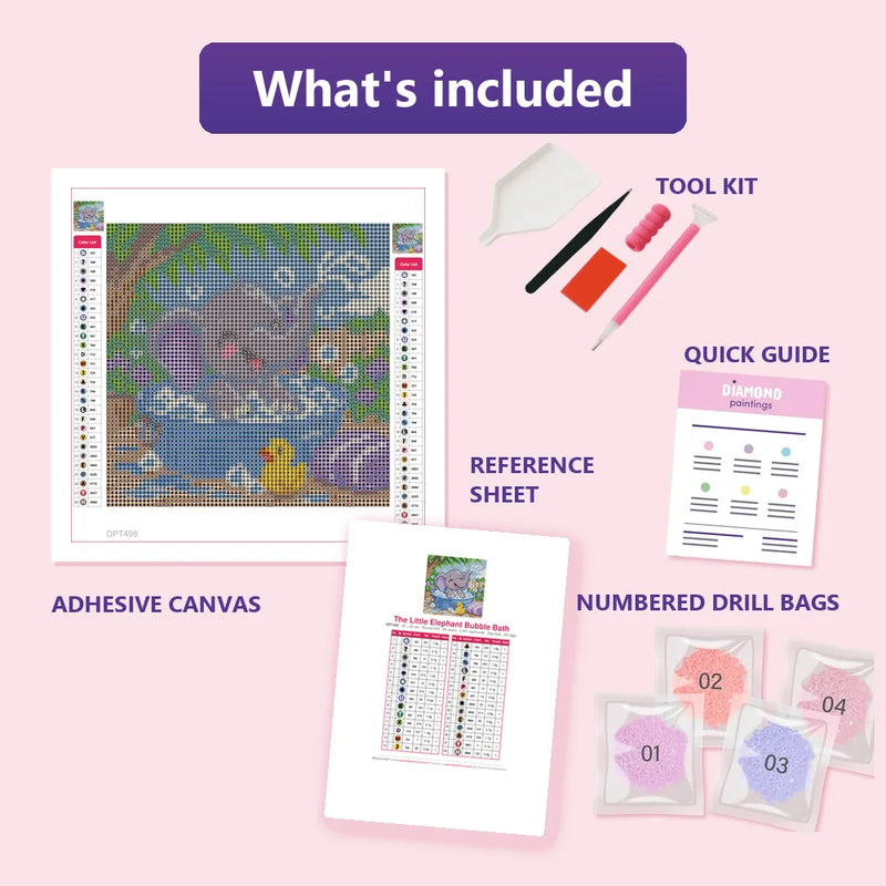 What is included in the The Little Elephant Bubble Bath diamond painting kit - adhesive canvas, reference sheet, tools and numbered drill bags