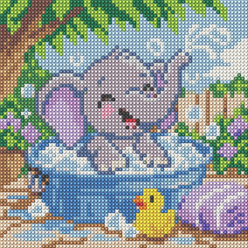The Little Elephant Bubble Bath, 20x20 cm diamond painting – full design preview without the close-up inset