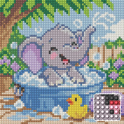 The Little Elephant Bubble Bath, 20x20 cm diamond painting – finished design preview with a close-up of round drills