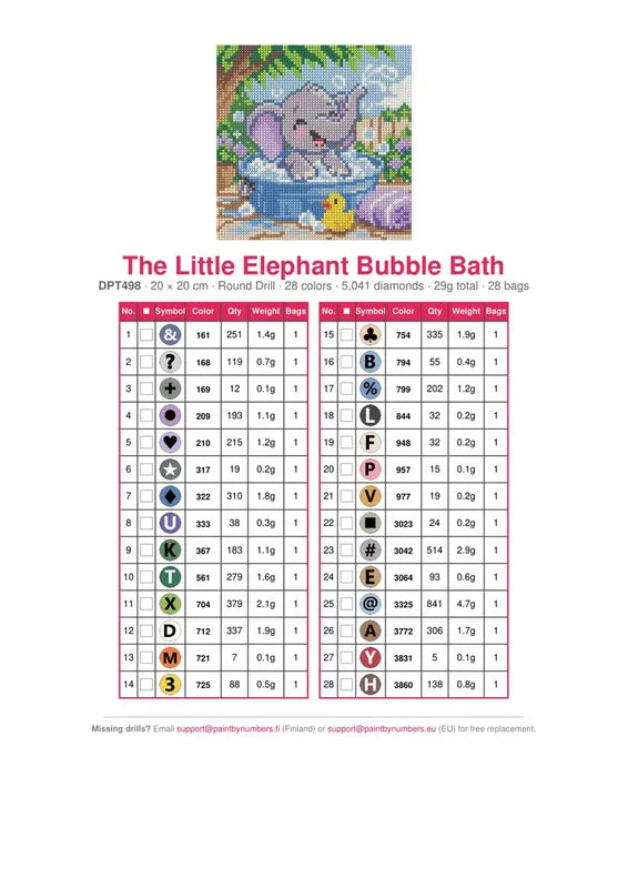DMC color chart for The Little Elephant Bubble Bath diamond painting - 28 colors