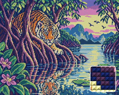 The Mangrove Striped Watcher, 50x40 cm diamond painting – finished design preview with a close-up of square drills