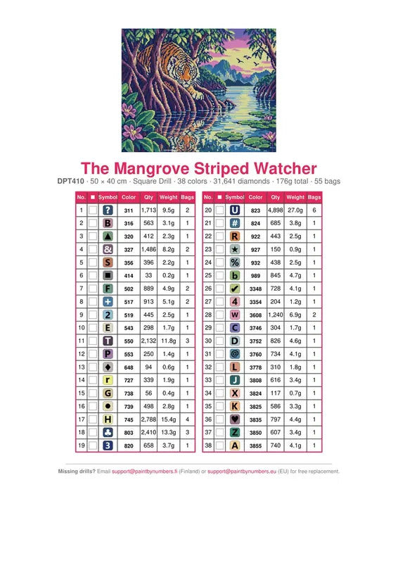 DMC color chart for The Mangrove Striped Watcher diamond painting - 38 colors