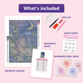 Thumbnail for What is included in the The Midnight Meadow Foal diamond painting kit - adhesive canvas, reference sheet, tools and numbered drill bags
