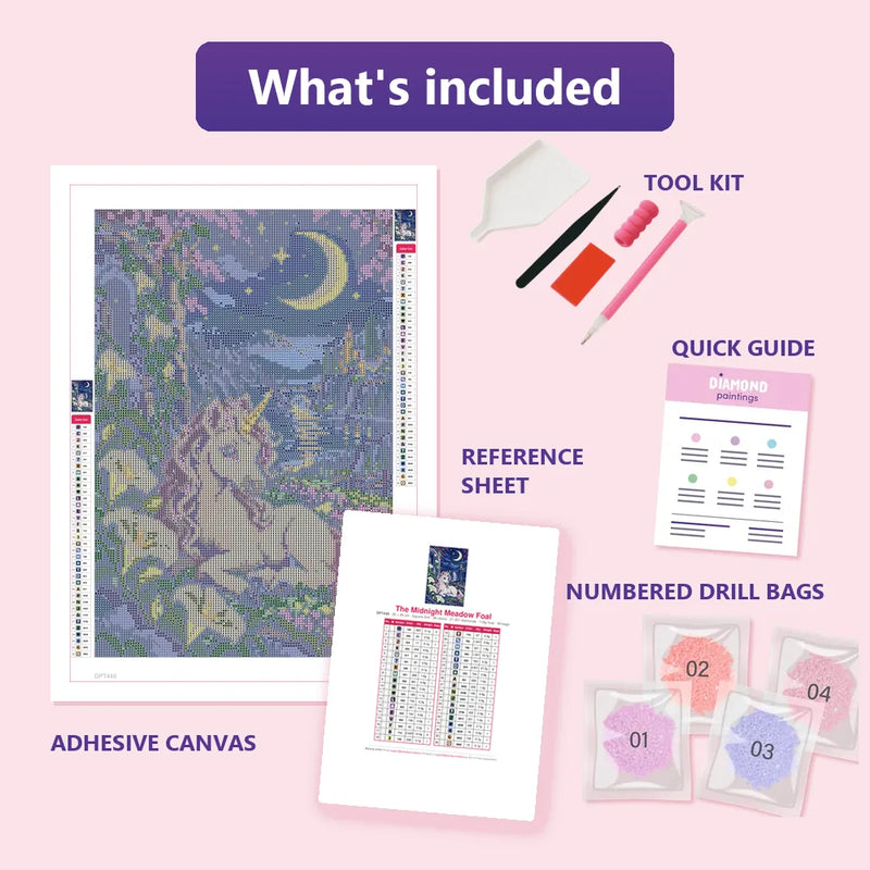 What is included in the The Midnight Meadow Foal diamond painting kit - adhesive canvas, reference sheet, tools and numbered drill bags