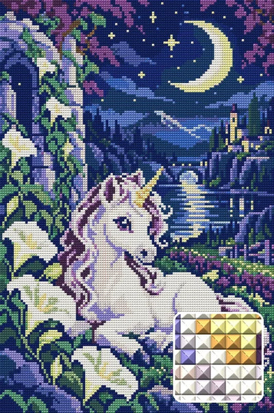 The Midnight Meadow Foal, 30x45 cm diamond painting – finished design preview with a close-up of square drills