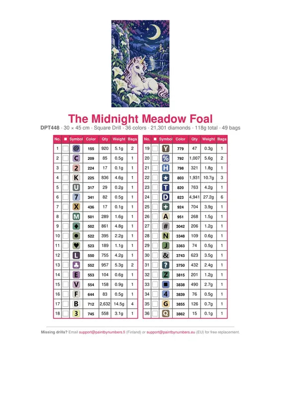DMC color chart for The Midnight Meadow Foal diamond painting - 36 colors
