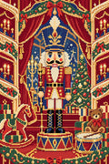 Miniatyrbild: Förhandsbild: nötknäppare på julscen med gran, paket, gunghäst och röda ridåer