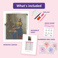 Thumbnail for The Milkmaid 40x50cm diamond painting kit contents: adhesive canvas, color chart, tools and diamond bags