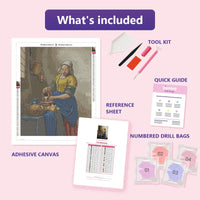 Thumbnail for The Milkmaid 40x50cm diamond painting kit contents: adhesive canvas, color chart, tools and diamond bags