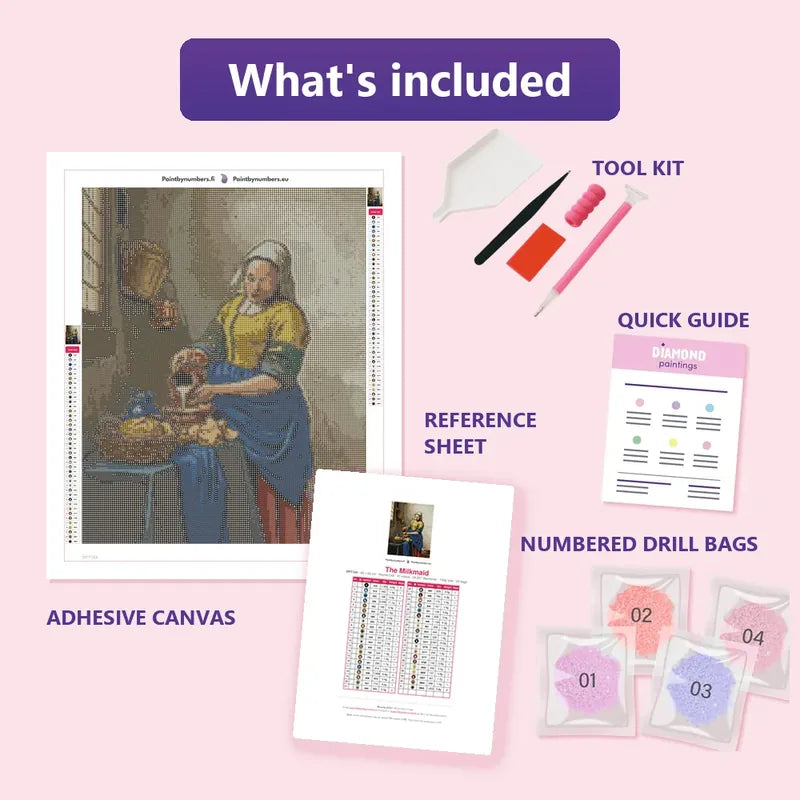 The Milkmaid 40x50cm diamond painting kit contents: adhesive canvas, color chart, tools and diamond bags