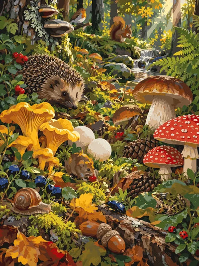 Hedgehog, mushrooms and forest animals paint by numbers