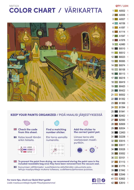 Paint color chart and instructions - The Night Café 50x40cm