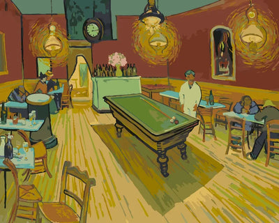 Paint by numbers of van Gogh's The Night Café: a billiard table in a red-walled café under glowing lamps