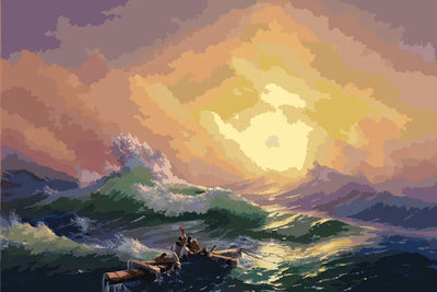 Paint by numbers of Aivazovsky's The Ninth Wave: shipwreck survivors on a mast in a stormy sea at sunrise.