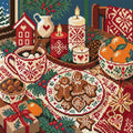 Miniatyrbild: Diamond painting-motiv med ett julbord med pepparkakor, varm choklad, mandariner och ljus